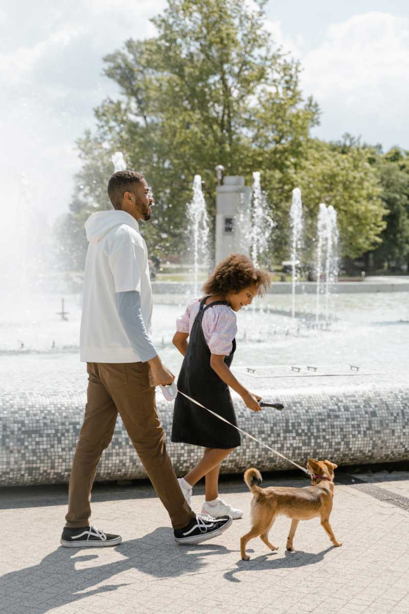 Family walking dog by community fountain.